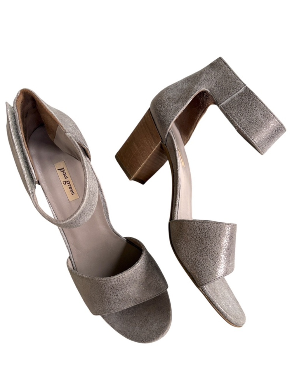 Like New Paul Green Leather Heeled Sandals Pewter Size 9